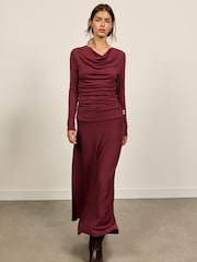 BHOEM Burgundy Red Maxi Draped Long Sleeve Dress - Image 1 of 5