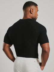 Tailored Athlete Black Muscle Fit Textured Knitted V-Neck Open Collar Polo Shirt - Image 2 of 6