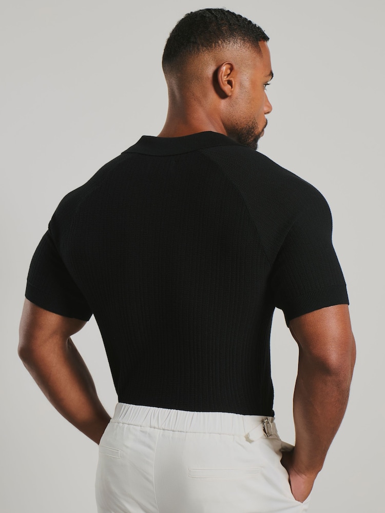 Tailored Athlete Black Muscle Fit Textured Knitted V-Neck Open Collar Polo Shirt - Image 2 of 6 Tailored Athlete Black Muscle Fit Textured Knitted V-Neck Open Collar Polo Shirt - Image 2 of 6