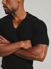 Tailored Athlete Black Muscle Fit Textured Knitted V-Neck Open Collar Polo Shirt - Image 3 of 6