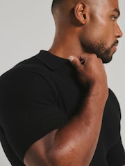 Tailored Athlete Black Muscle Fit Textured Knitted V-Neck Open Collar Polo Shirt - Image 4 of 6
