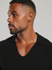 Tailored Athlete Black Muscle Fit Textured Knitted V-Neck Open Collar Polo Shirt - Image 5 of 6