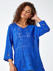 Roman Blue Crochet V-Neck 3/4 Sleeve 100% Cotton Tunic Top - Image 1 of 5
