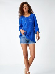 Roman Blue Crochet V-Neck 3/4 Sleeve 100% Cotton Tunic Top - Image 2 of 5