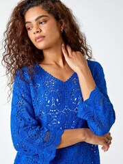 Roman Blue Crochet V-Neck 3/4 Sleeve 100% Cotton Tunic Top - Image 4 of 5