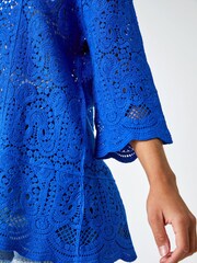 Roman Blue Crochet V-Neck 3/4 Sleeve 100% Cotton Tunic Top - Image 5 of 5