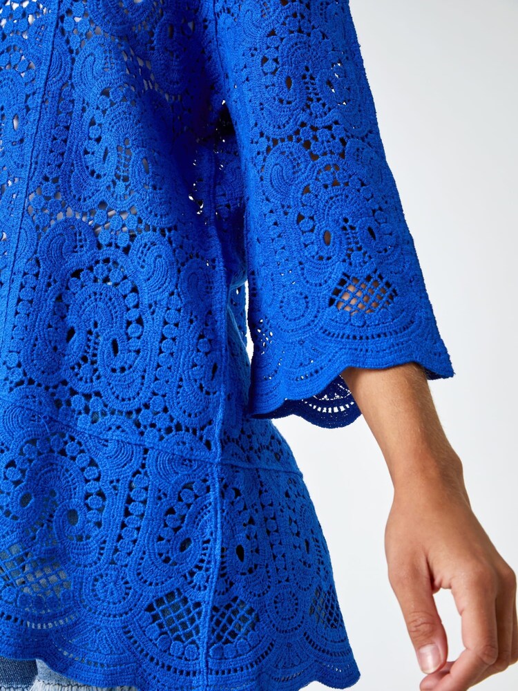 Roman Blue Crochet V-Neck 3/4 Sleeve 100% Cotton Tunic Top - Image 5 of 5