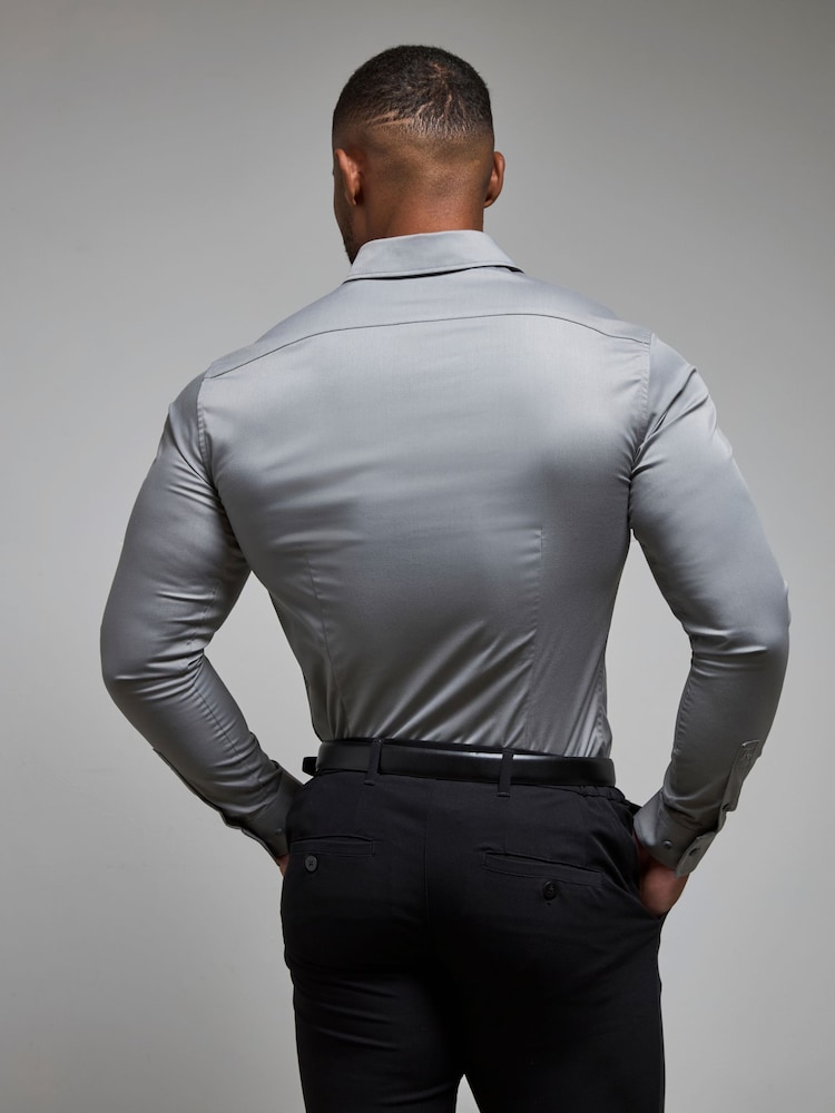 Tailored Athlete Grey Muscle Fit Essential Dress Shirt - Image 2 of 5 Tailored Athlete Grey Muscle Fit Essential Dress Shirt - Image 2 of 5
