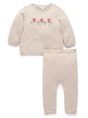 Purebaby Natural Scalloped Knit Floral Jumper & Leggings Set - Image 3 of 7