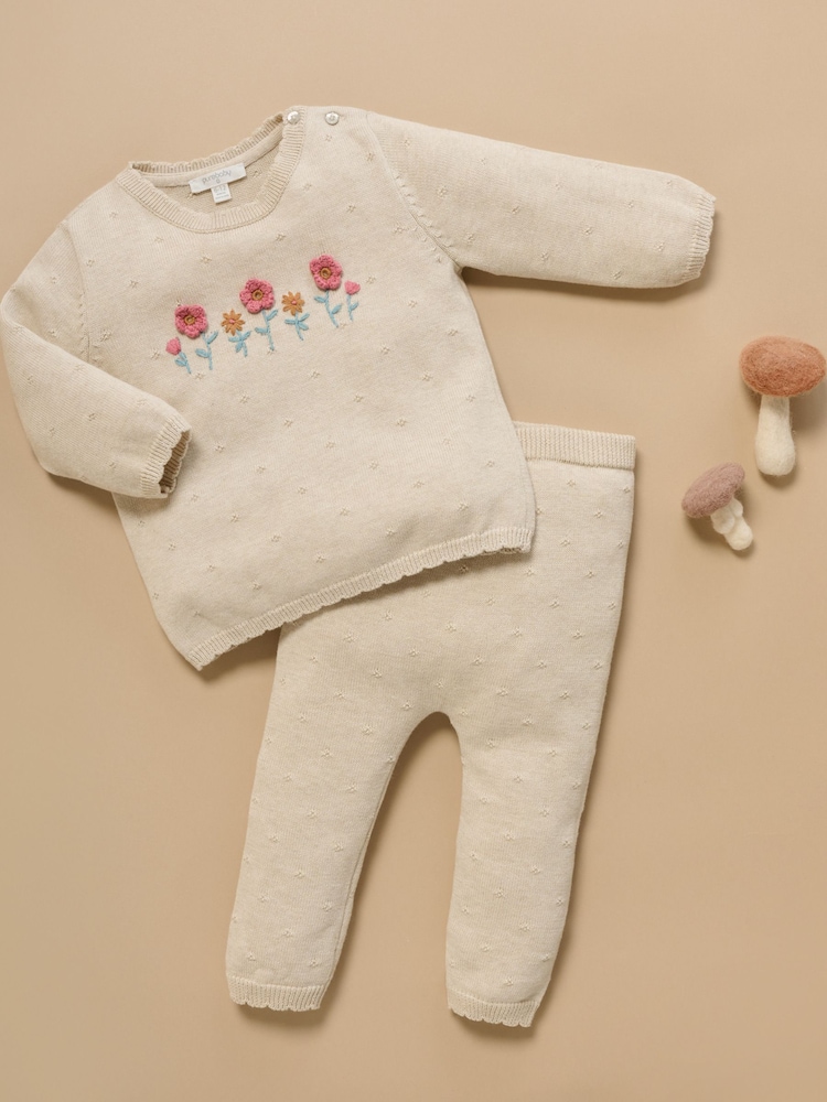 Purebaby Natural Scalloped Knit Floral Jumper & Leggings Set - Image 7 of 7