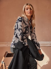 M&Co Black Floral Tie Neck Blouse - Image 1 of 5
