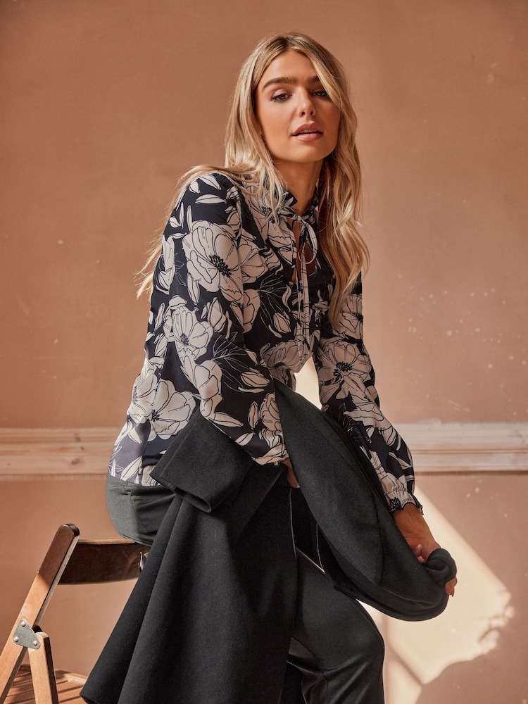 M&Co Black Floral Tie Neck Blouse - Image 1 of 5