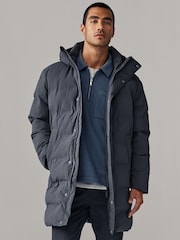 Steel Blue Long Length Shower Resistant Hooded Puffer Coat - Image 1 of 13