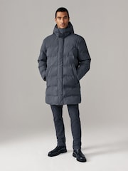 Steel Blue Long Length Shower Resistant Hooded Puffer Coat - Image 2 of 13