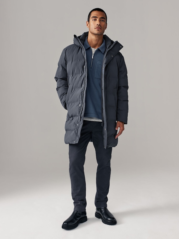 Steel Blue Long Length Shower Resistant Hooded Puffer Coat - Image 3 of 13
