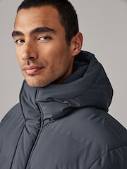 Steel Blue Long Length Shower Resistant Hooded Puffer Coat - Image 6 of 13