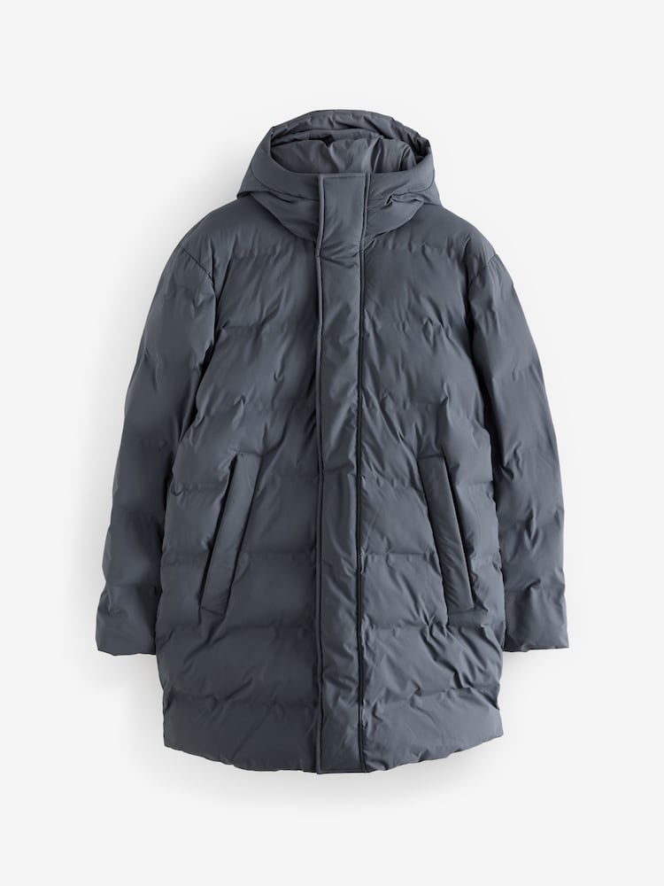 Steel Blue Long Length Shower Resistant Hooded Puffer Coat - Image 8 of 13