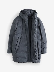 Steel Blue Long Length Shower Resistant Hooded Puffer Coat - Image 9 of 13