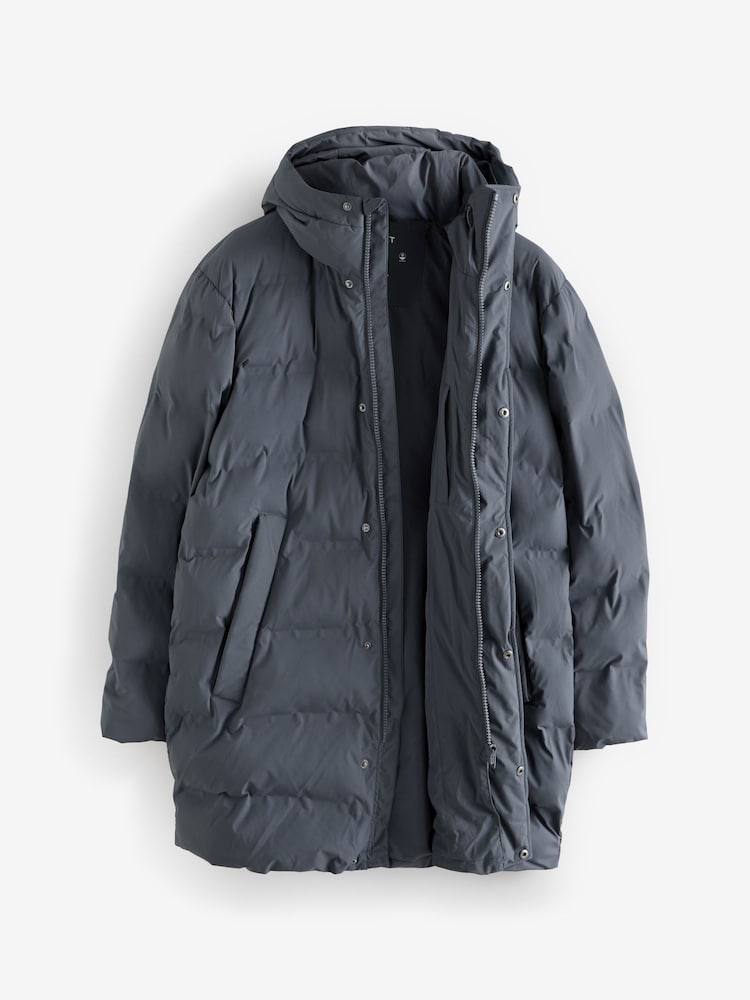Steel Blue Long Length Shower Resistant Hooded Puffer Coat - Image 9 of 13