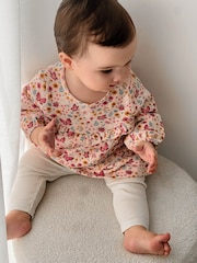 Purebaby Pink Cosy Floral Print Long Sleeve Dress & Leggings Set - Image 4 of 7