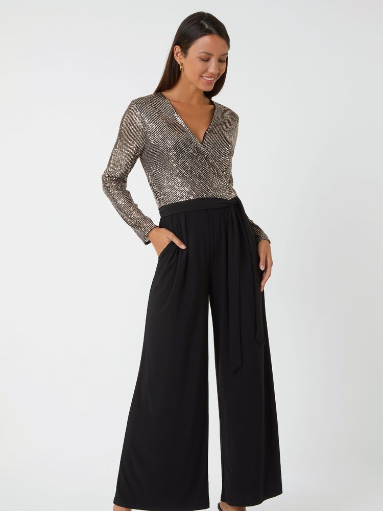 Roman Metallic Sequin Sparkle Wide Leg Jumpsuit - Image 1 of 1