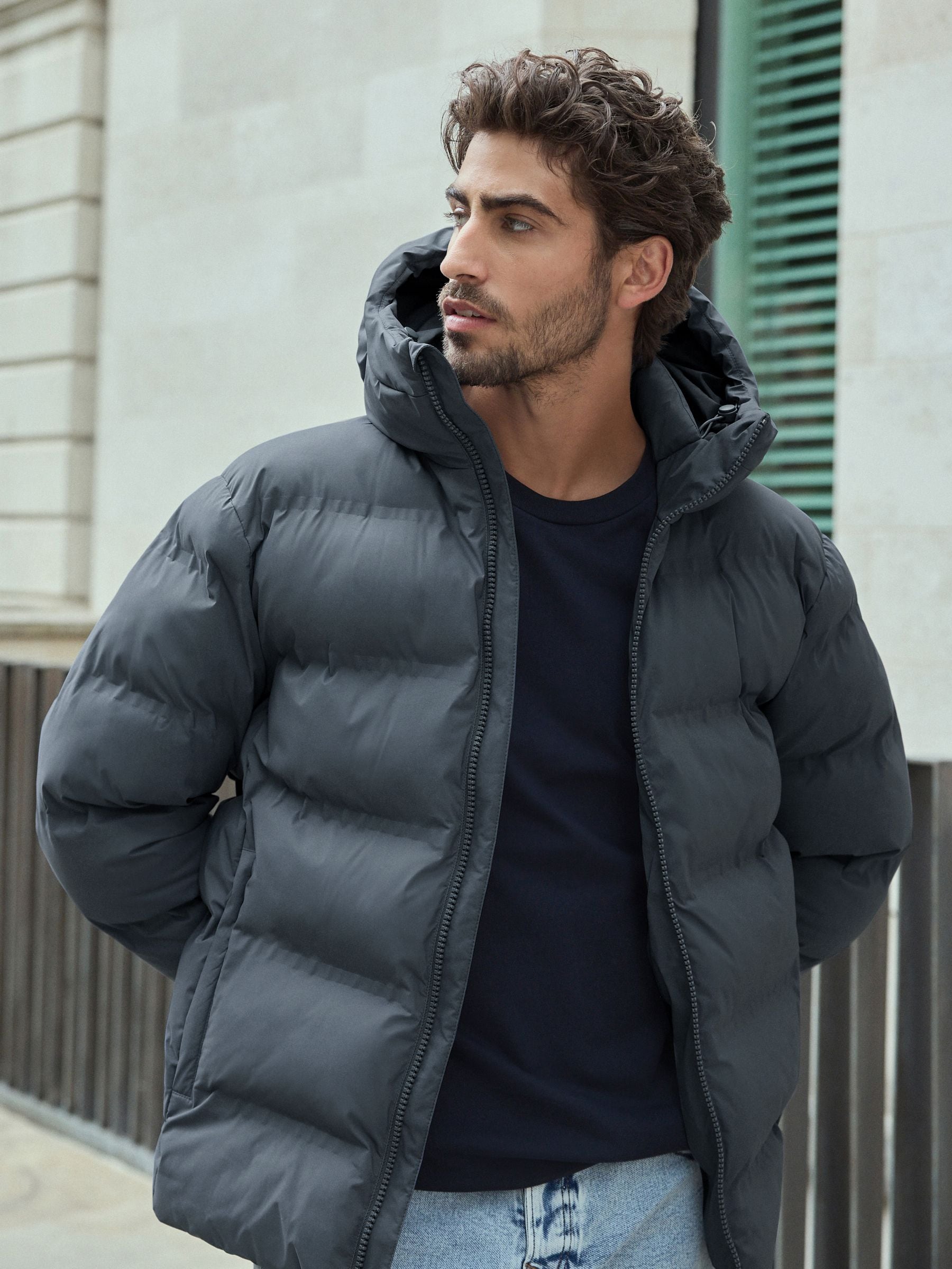 Slate Grey Regular Length Shower Resistant Hooded Puffer Coat