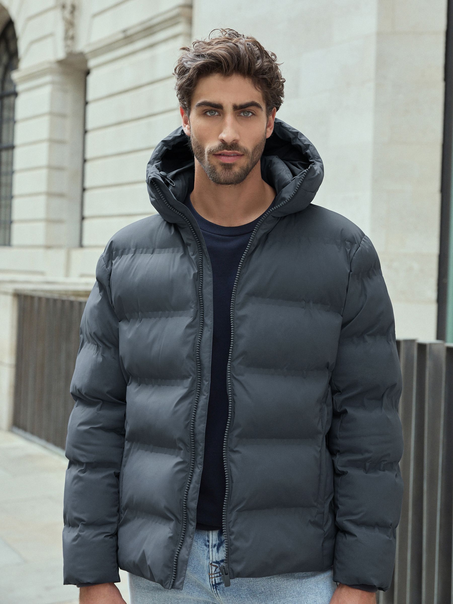 Buy Slate Grey Regular Length Shower Resistant Hooded Puffer