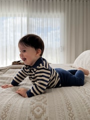 Purebaby Blue Striped Knit Set Polo Jumper & Leggings Set - Image 2 of 7