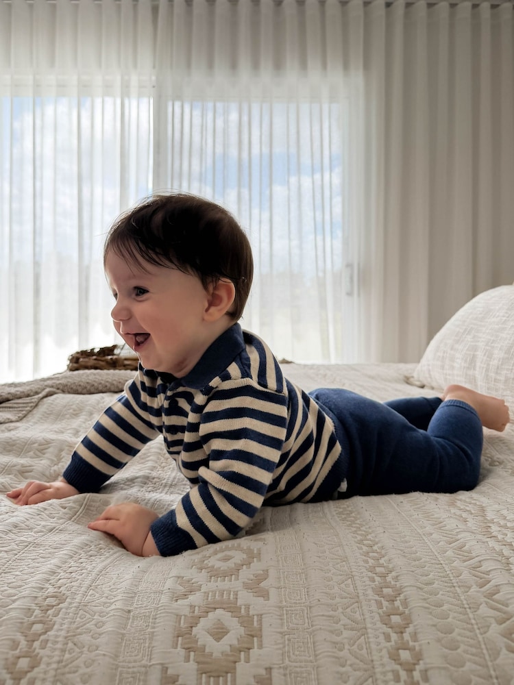 Purebaby Blue Striped Knit Set Polo Jumper & Leggings Set - Image 2 of 7