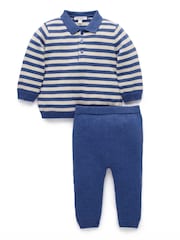 Purebaby Blue Striped Knit Set Polo Jumper & Leggings Set - Image 3 of 7