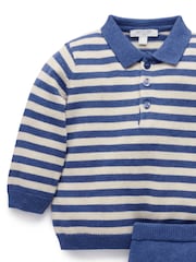 Purebaby Blue Striped Knit Set Polo Jumper & Leggings Set - Image 6 of 7