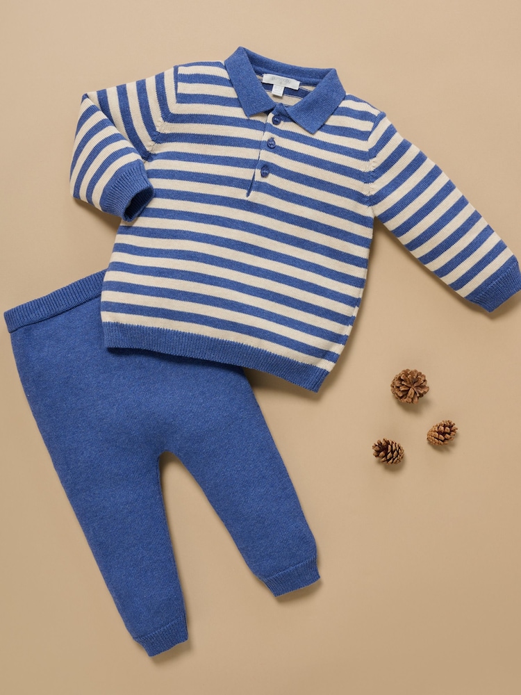 Purebaby Blue Striped Knit Set Polo Jumper & Leggings Set - Image 7 of 7