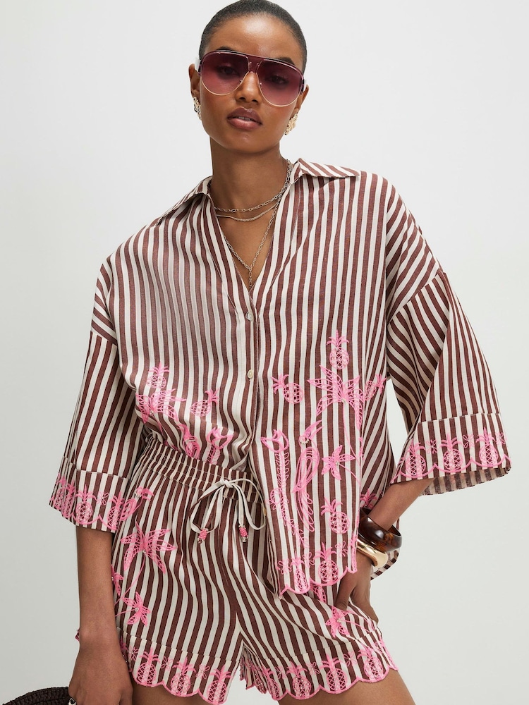 River Island Brown Cotton Blend Stripe Toucan Shirt - Image 1 of 4