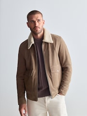 Neutral Suede Borg Collar Trucker Jacket - Image 1 of 12