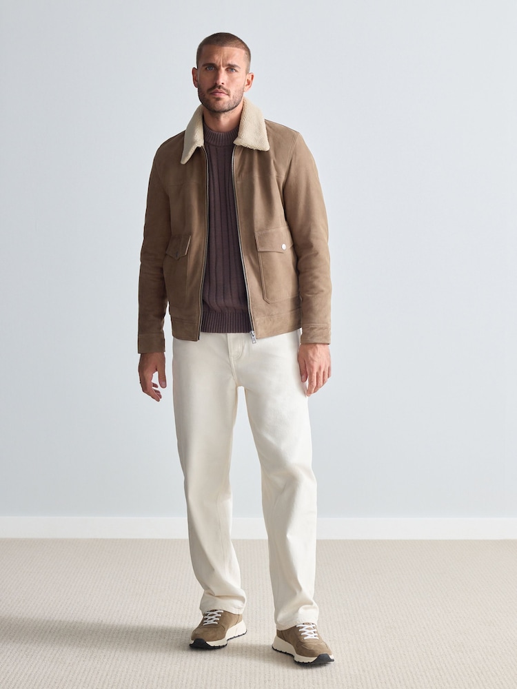 Neutral Suede Borg Collar Trucker Jacket - Image 2 of 12