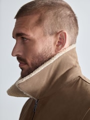 Neutral Suede Borg Collar Trucker Jacket - Image 4 of 12
