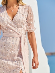 Sosandar Pink Sequin Occasion Wrap Dress - Image 5 of 5