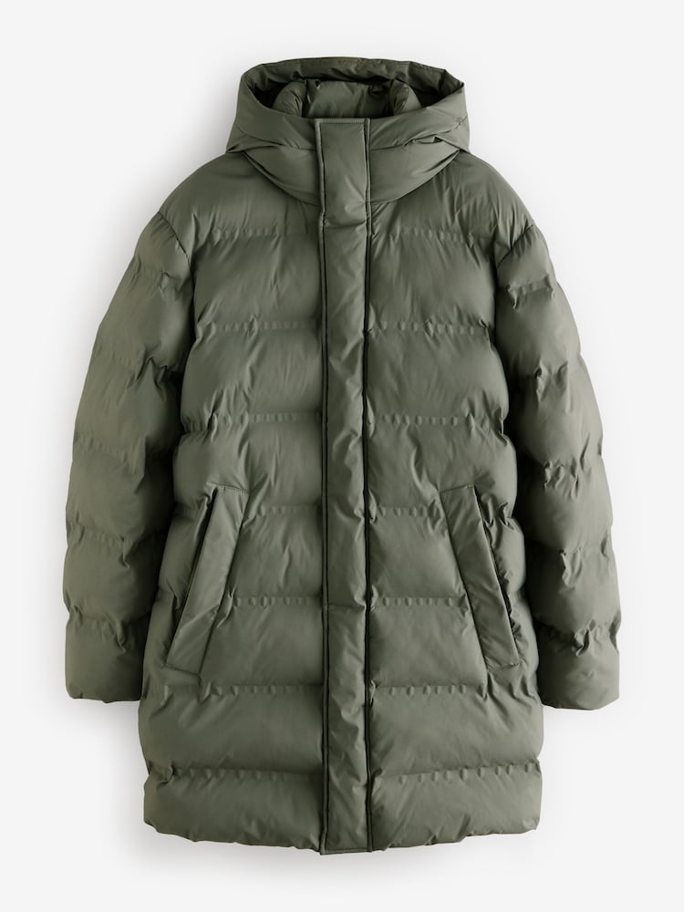 Sage Green Long Length Shower Resistant Hooded Puffer Coat - Image 6 of 7