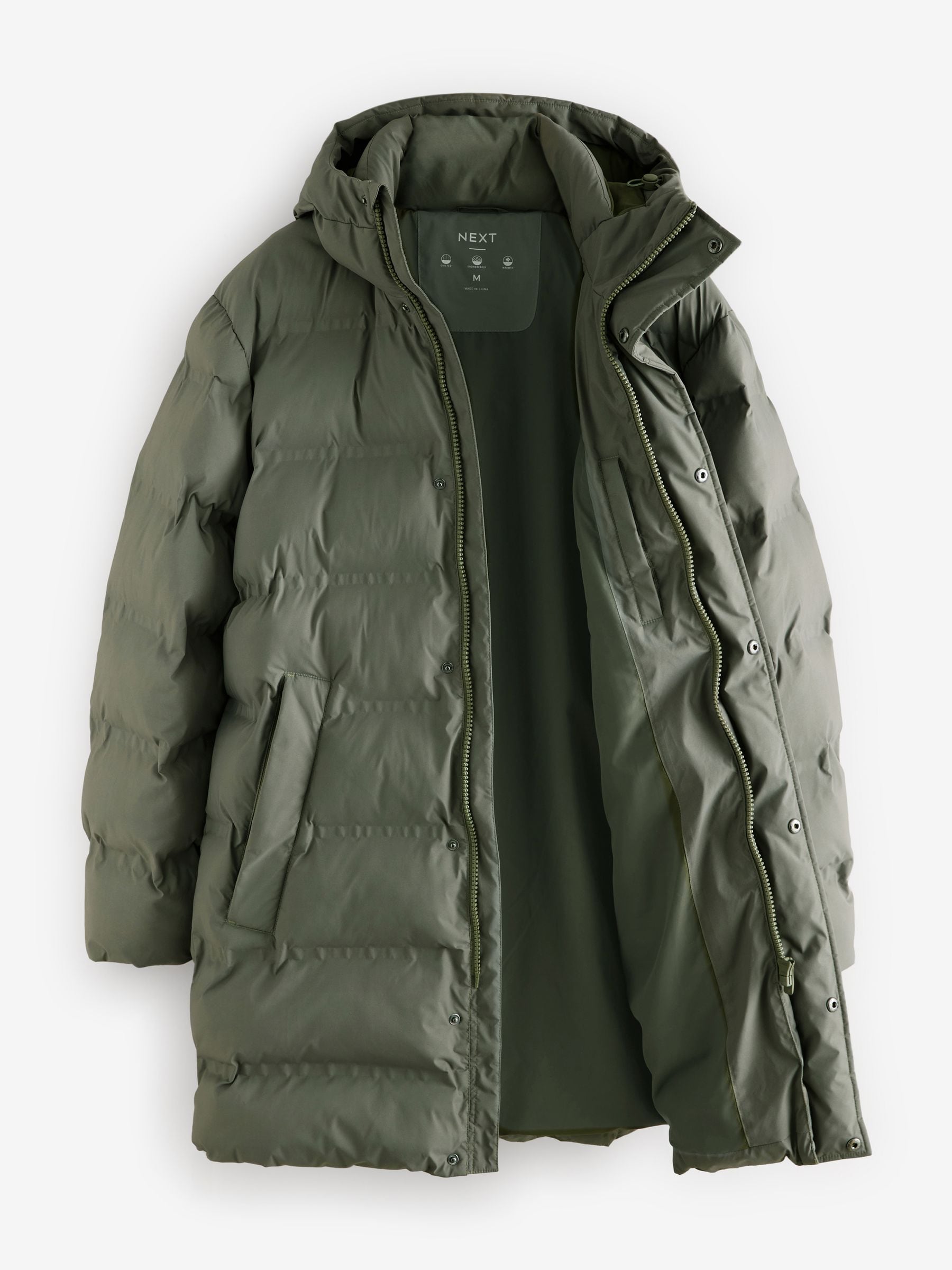 Buy Sage Green Long Length Shower Resistant Hooded Puffer Coat from Next Luxembourg
