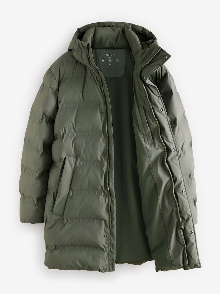 Sage Green Long Length Shower Resistant Hooded Puffer Coat - Image 7 of 7
