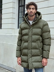 Sage Green Long Length Shower Resistant Hooded Puffer Coat - Image 4 of 7