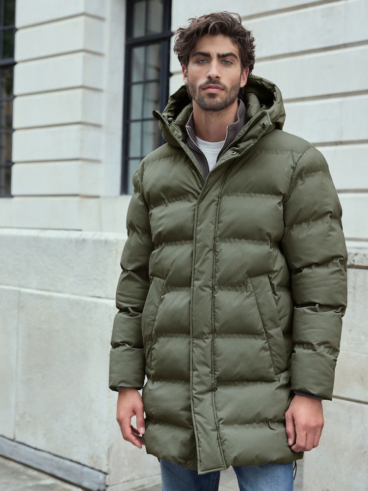 Sage Green Long Length Shower Resistant Hooded Puffer Coat - Image 4 of 7
