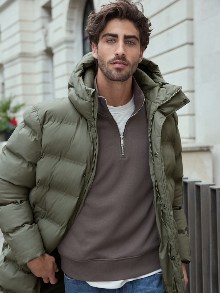 Sage Green Long Length Shower Resistant Hooded Puffer Coat - Image 5 of 7