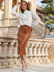 Sosandar Brown Leather Button Front Midi Skirt - Image 3 of 3
