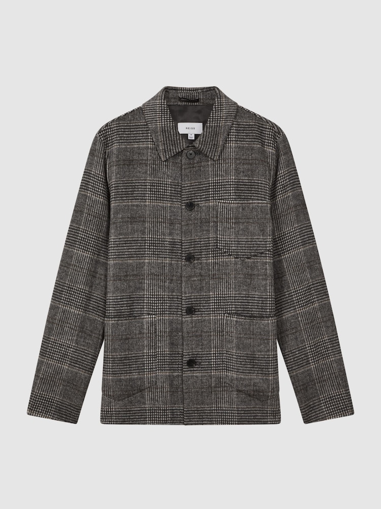 Reiss Charcoal Covert Wool Blend Check Overshirt - Image 2 of 5