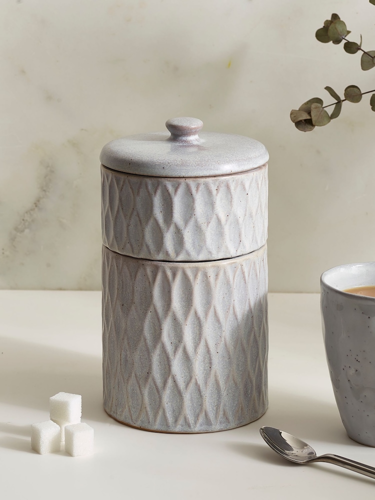 Grey Embossed Geo Set of 2 Storage Jars - Image 1 of 5