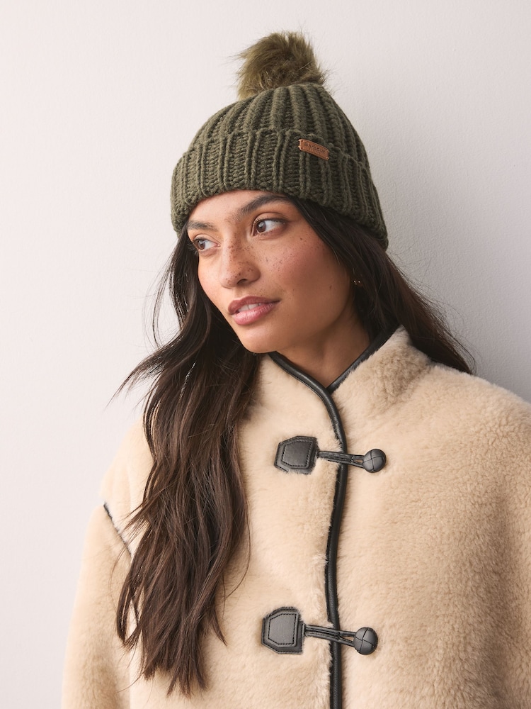 Barbour® Olive Green Saltburn Cable Knit Pom Beanie Logo Hat - Image 1 of 8