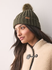 Barbour® Olive Green Saltburn Cable Knit Pom Beanie Logo Hat - Image 2 of 8