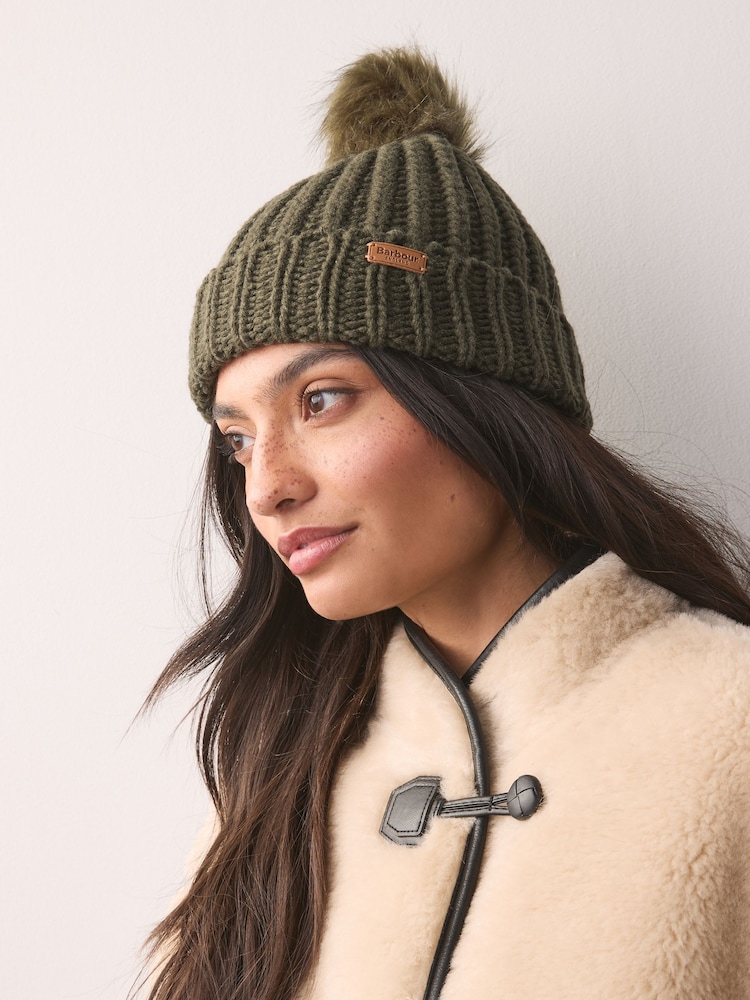 Barbour® Olive Green Saltburn Cable Knit Pom Beanie Logo Hat - Image 2 of 8