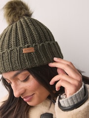 Barbour® Olive Green Saltburn Cable Knit Pom Beanie Logo Hat - Image 3 of 8